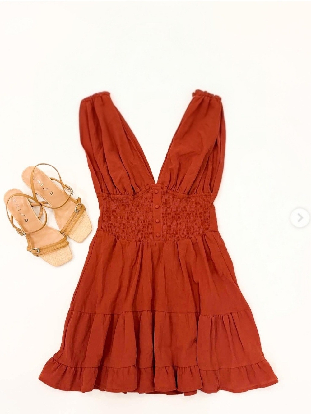 Rust Red Smocked Waist V-Neck Mini Dress